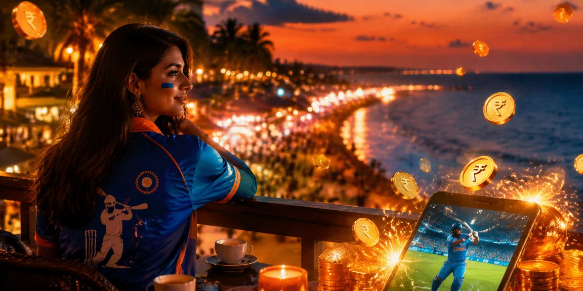 Rupee notes and cricket betting imagery at Goa beach